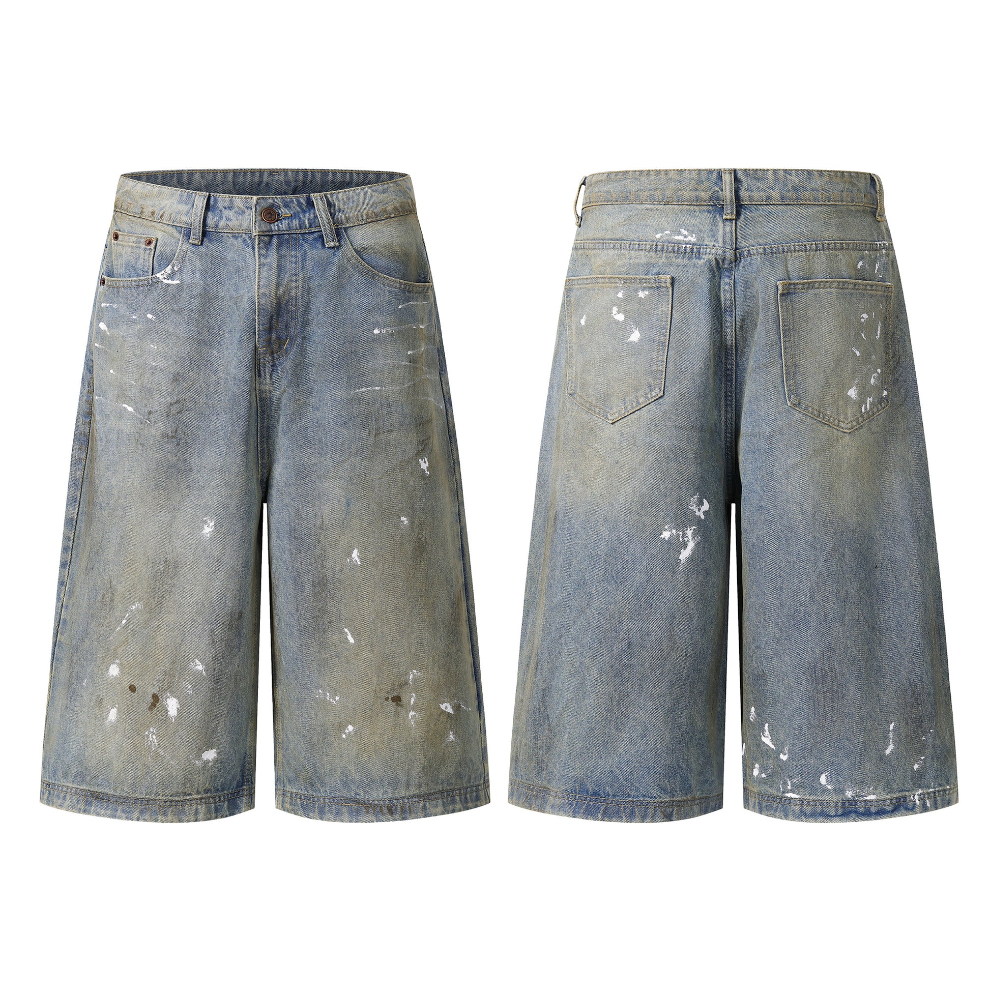 Paint splatter wide leg denim shorts front and back view