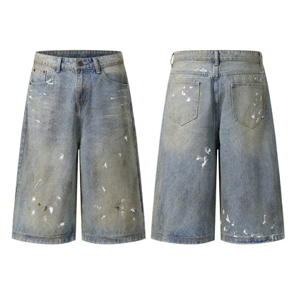 Paint Splatter Wide Leg Denim Shorts High Waist Washed Distressed Streetwear Summer Casual Jean Shorts | Chalk Drift