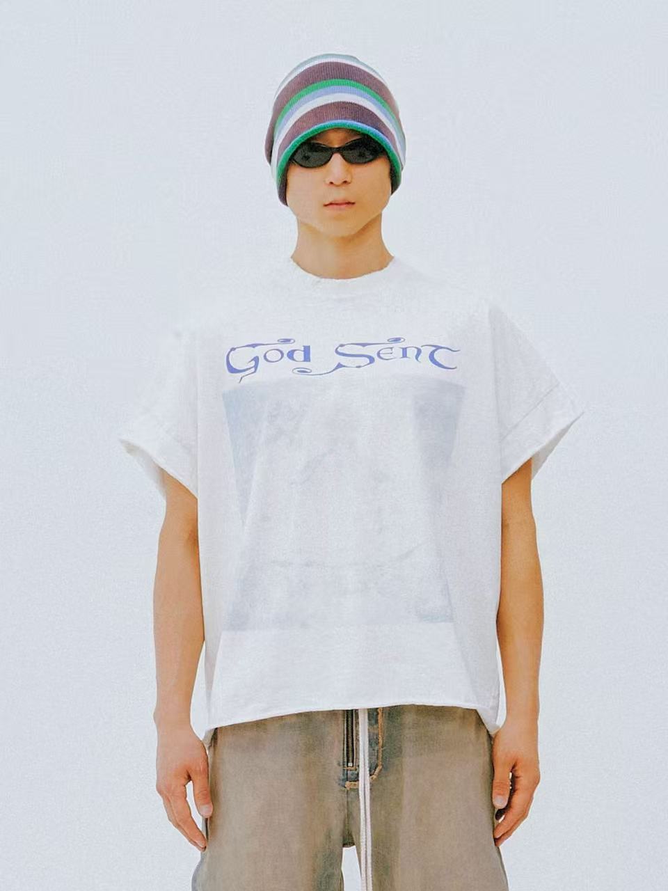 SECND SLF God Sent Gothic Letter Washed Short Sleeve Tee Off-White Drop Shoulder Faded Portrait Print Vintage Streetwear | God Sent Tee