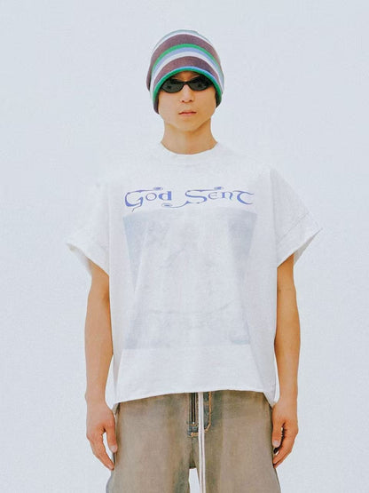 SECND SLF God Sent Gothic Letter Washed Short Sleeve Tee Off-White Drop Shoulder Faded Portrait Print Vintage Streetwear | God Sent Tee