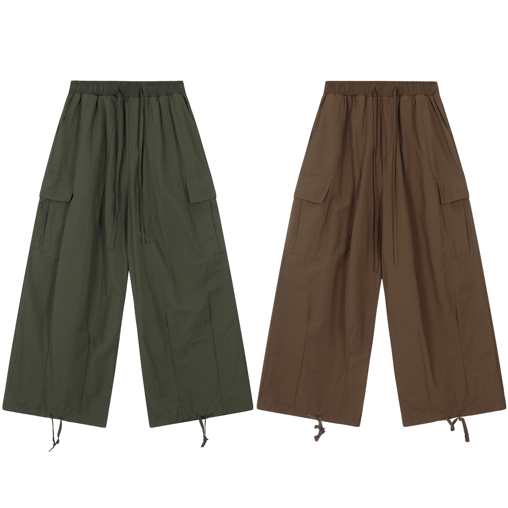Elastic Waist Drawstring Cargo Wide Leg Pants - Green and Brown Side by Side