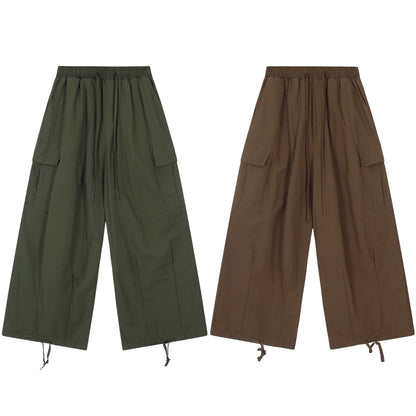 Elastic Waist Drawstring Cargo Wide Leg Pants Multi Pocket Baggy Parachute Streetwear Y2K