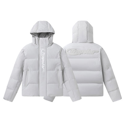 Trapstar Light Gray Logo Hooded Puffer Jacket, Quilted Full-Zip Streetwear Outerwear