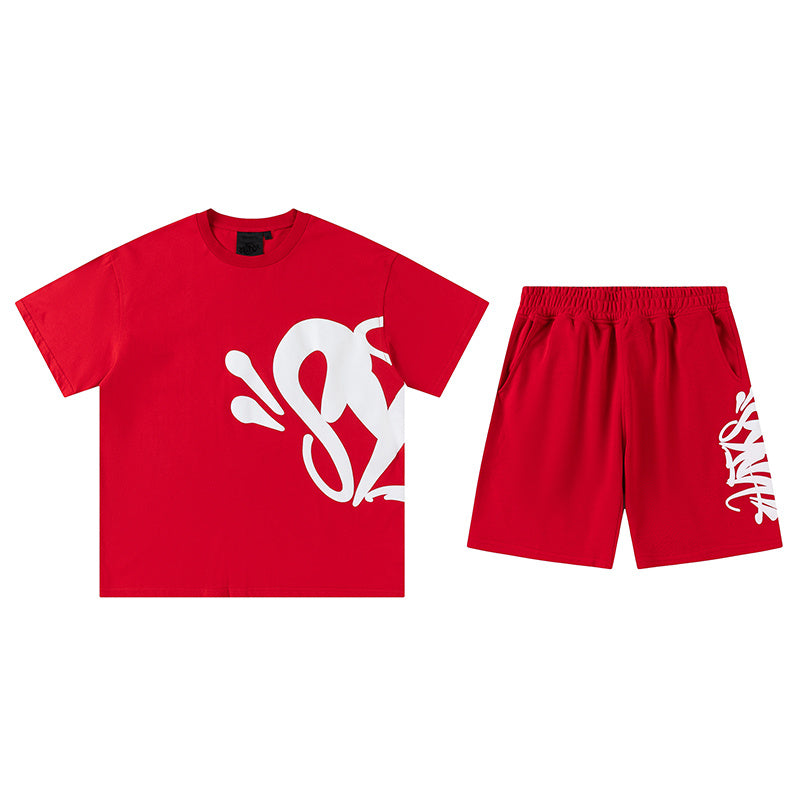 Blue unisex graphic T-shirt and shorts set with crewneck top, elastic waist shorts, and side pockets - view 1