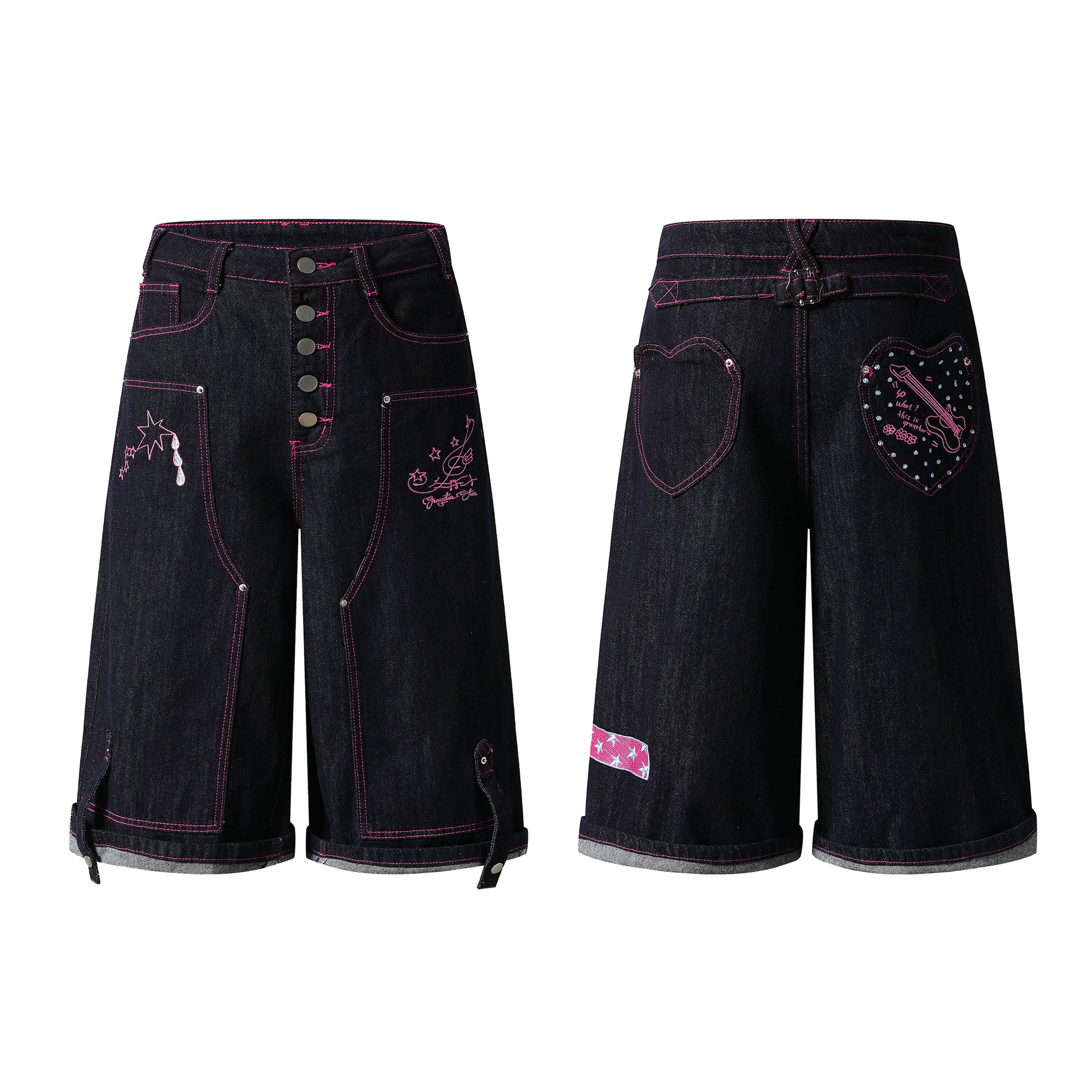 Rock Heart Embroidery Wide Leg Denim Shorts - Front View