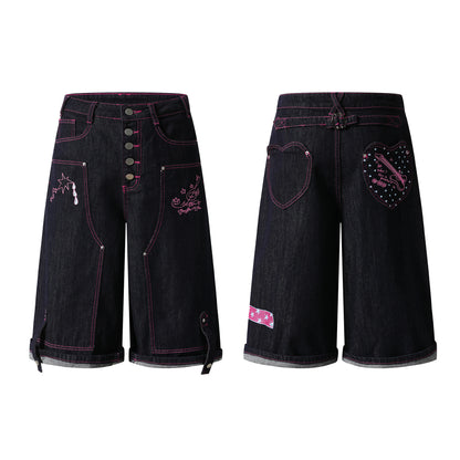 Heart Pocket Guitar Embroidery Wide Leg Denim Shorts Pink Stitch Button Fly Rhinestone Streetwear Baggy Jean Shorts | Rock Heart