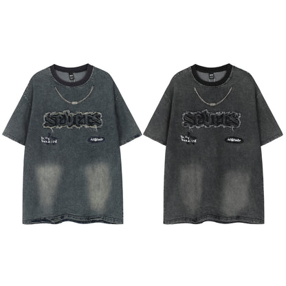 Oversized Washed Graphic Chain Embroidery Crewneck Short Sleeve Tee Streetwear Hip Hop Casual Summer T-Shirt