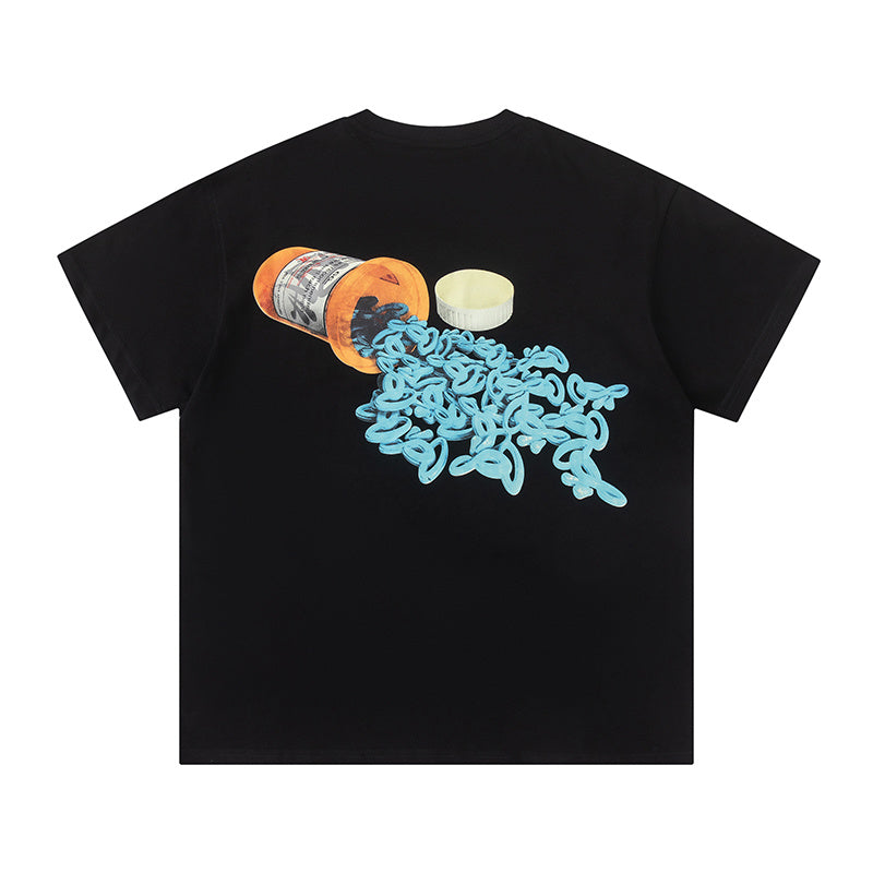 White crew neck short sleeve graphic T-shirt with small blue chest graphic - view 1