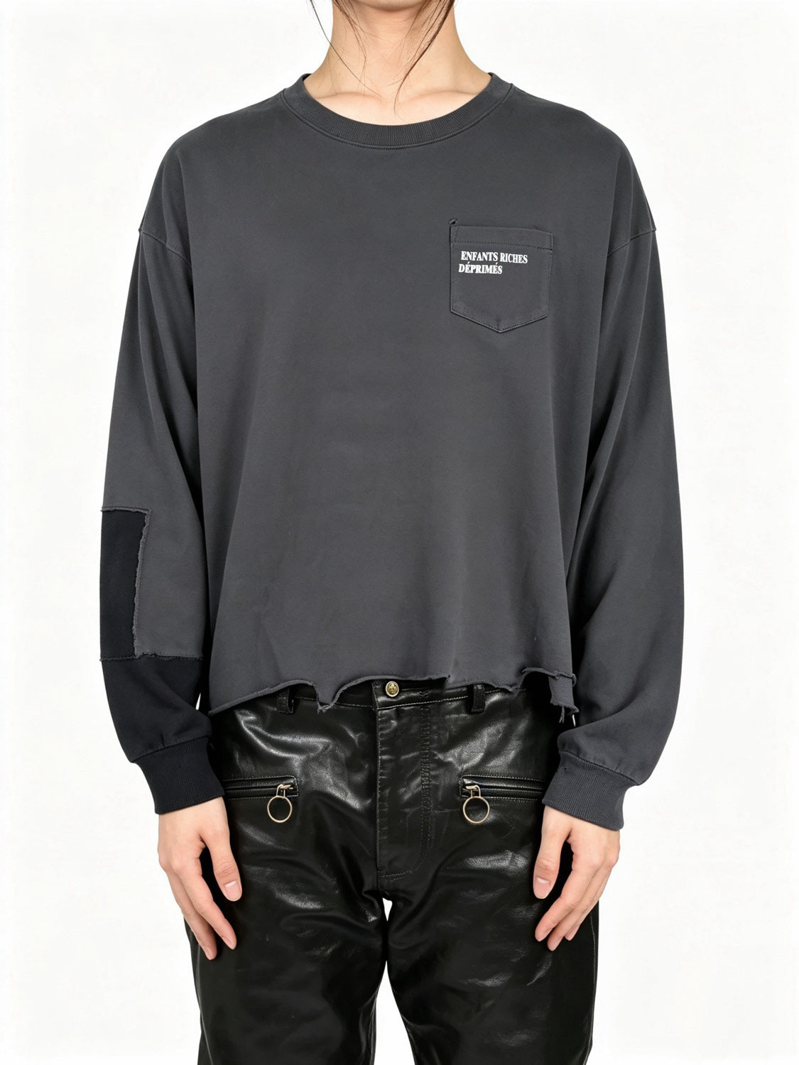 ERD Enfants Riches Deprimes Slogan Pocket Contrast Sleeve Long Sleeve Tee Washed Slate Gray Distressed Wax Dye Patchwork Streetwear | Slate Splice Tee