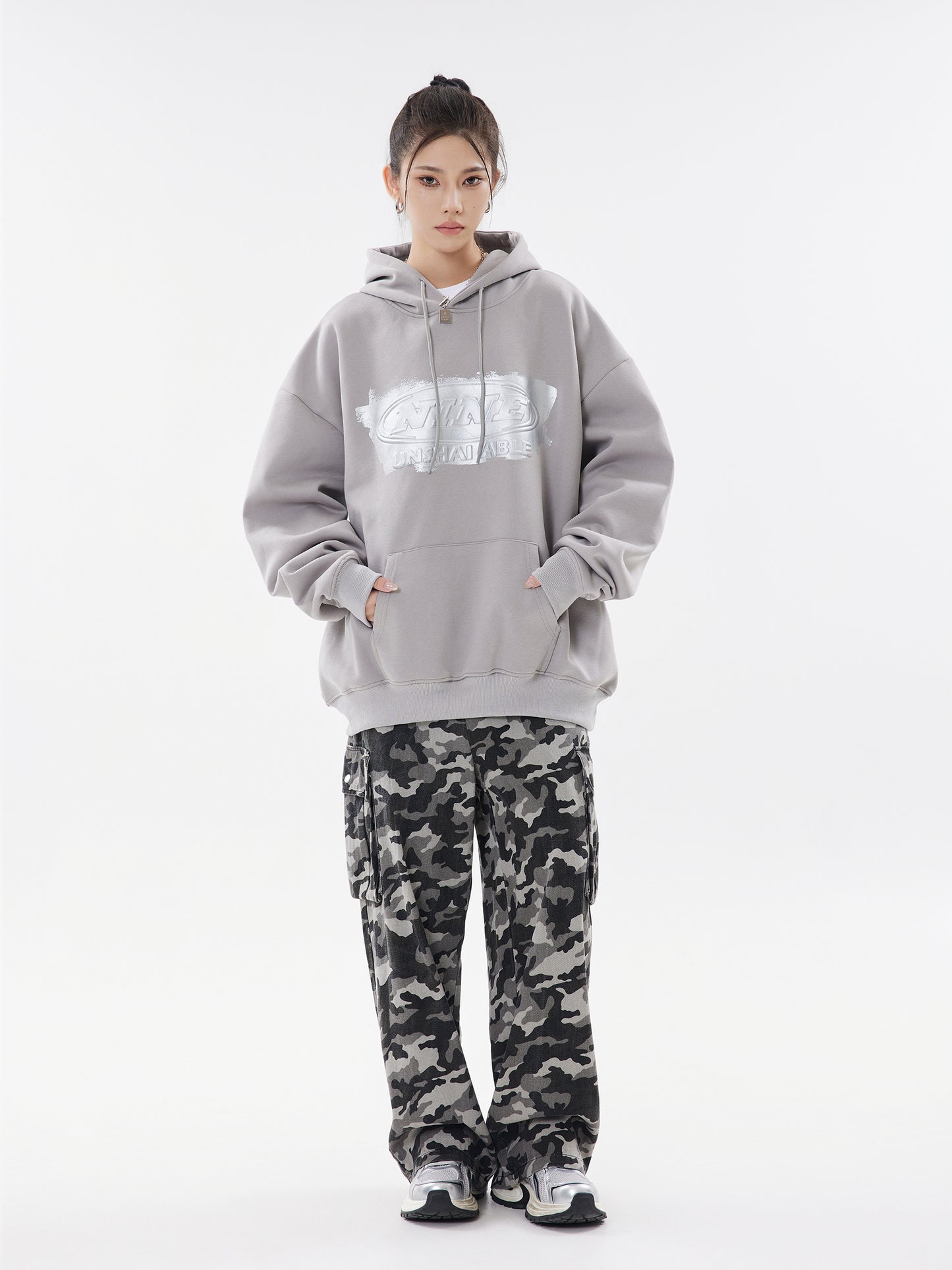 Cement grey NINE Unshakable hoodie front view full body