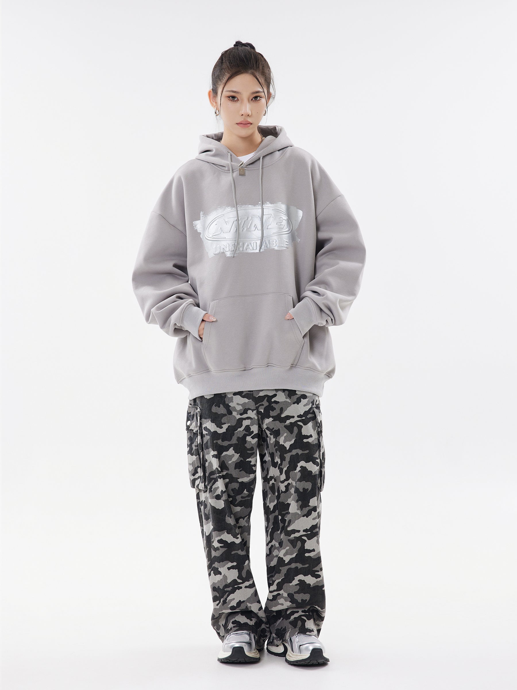 Cement grey NINE Unshakable hoodie front view full body