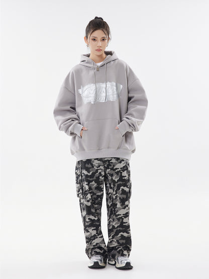 NINE Unshakable Iridescent Logo Oversized Hoodie Drawstring Kangaroo Pocket Streetwear Sweatshirt