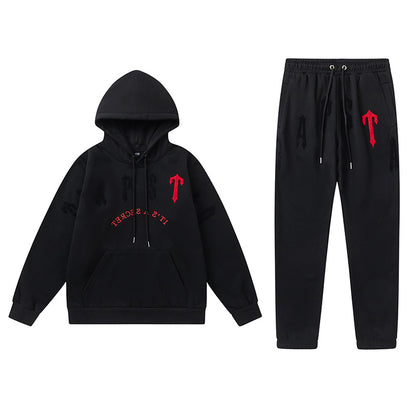 Trapstar Black and Red Graphic Hoodie and Joggers Tracksuit Set, Two Piece Streetwear Outfit
