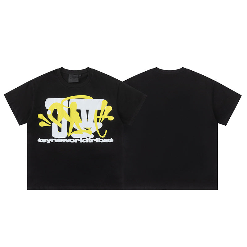 Black short-sleeve crewneck T-shirt with yellow and white graffiti-style graphic print - view 1