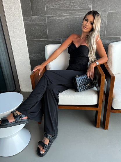 Damen Lässige Hose mit weitem Bein, Sommer- und Herbstkleidung, plissierte elastische Taille, lockere Palazzo-Strickhose mit Taschen