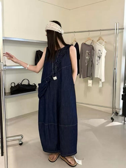 Women's Denim Sleeveless Diagonal Ruffle Trim A-Line Maxi Dress Drawstring Detail Light Blue Dark Navy One Size NNY with Free Bag
