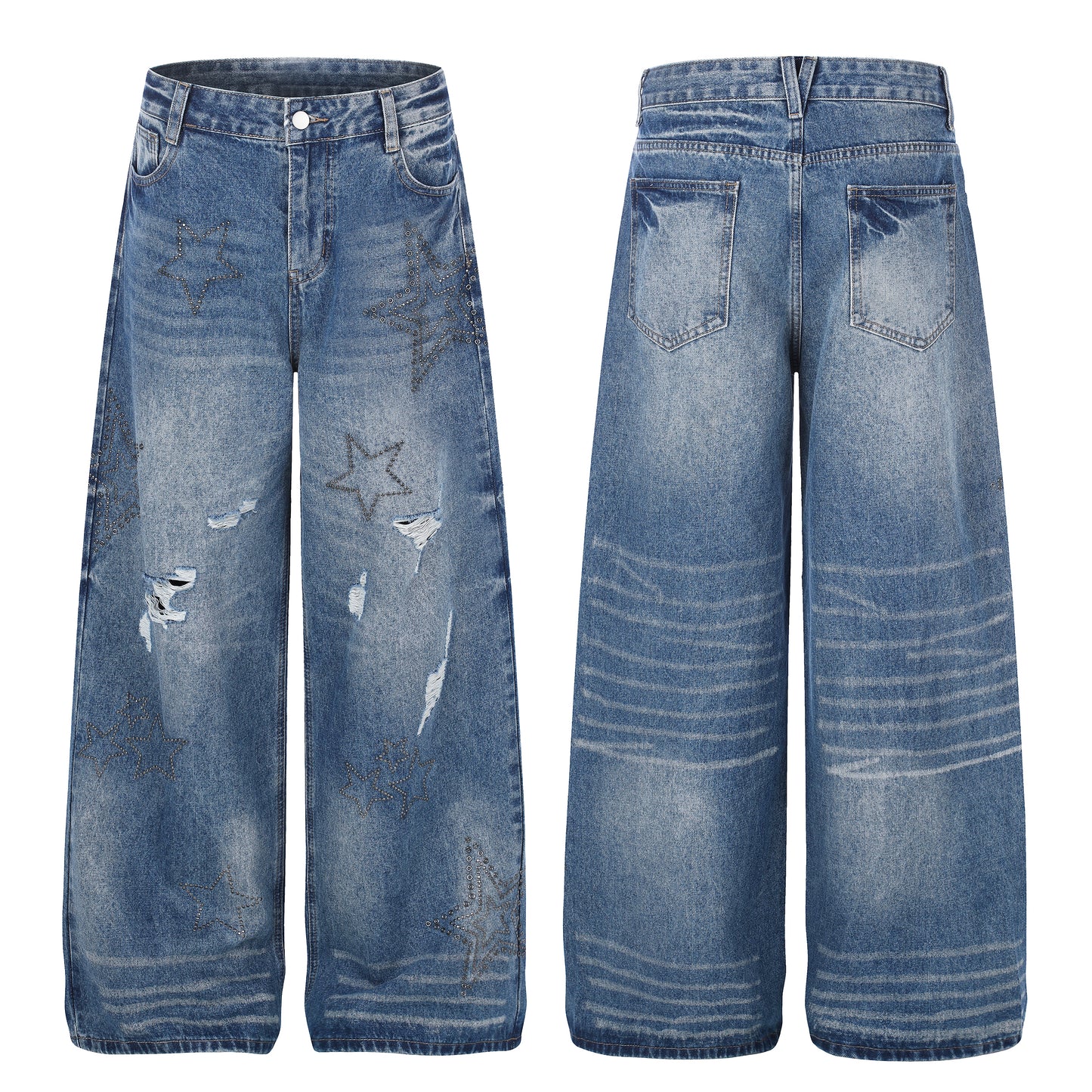 Women's Star Embroidery Rhinestone Distressed Wide Leg Jeans High Waist Ripped Casual Streetwear Denim Pants