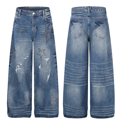 Women's Star Embroidery Rhinestone Distressed Wide Leg Jeans High Waist Ripped Casual Streetwear Denim Pants