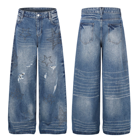 Women's Star Embroidery Rhinestone Distressed Wide Leg Jeans High Waist Ripped Casual Streetwear Denim Pants
