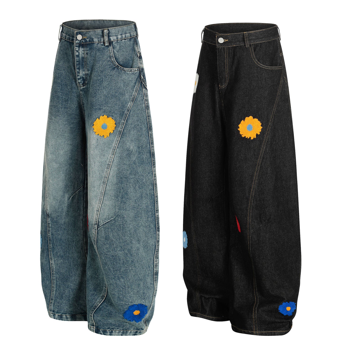 Women's Multicolor Daisy Floral Embroidery Balloon Wide Leg Denim Jeans - Blue & Black Side View
