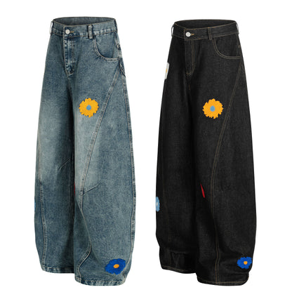 Women's Multicolor Daisy Floral Embroidery Balloon Wide Leg Denim Jeans High Waist Y2K Streetwear Baggy Jean Pants
