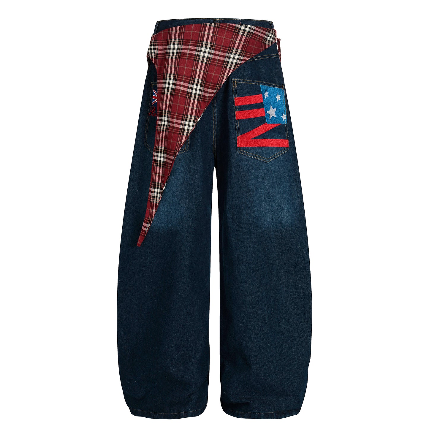 Women's Red Plaid Triangle Waist Z Flag Balloon Wide Leg Denim Jeans - Blue Front View