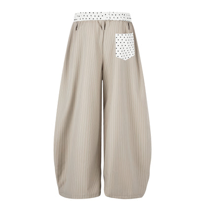 Women's TENG Embroidery Polka Dot Fold-Over Waistband Pinstripe Balloon Wide Leg Pants High Waist Casual Streetwear Trousers