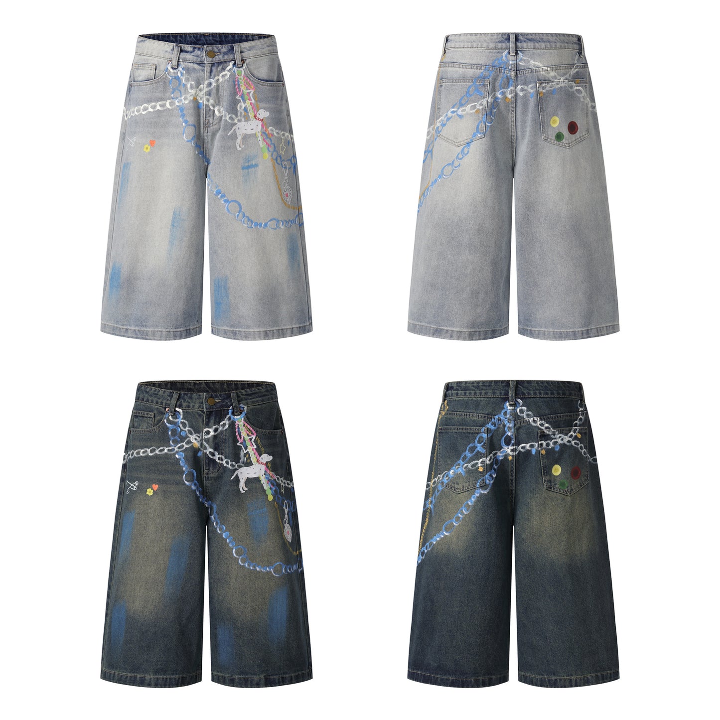 Chain graphic denim shorts dark wash back view