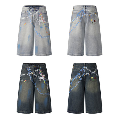 Chain Graphic Print Denim Shorts Wide Leg High Waist Washed Dalmatian Dog Charm Streetwear Summer Casual Jean Shorts | Chain Pup