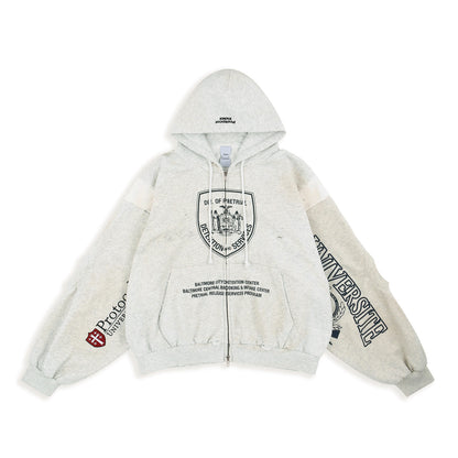 Protocol Index Shield Badge Print Spliced Zip Hoodie Distressed Washed Embroidered Streetwear | Shield Smock