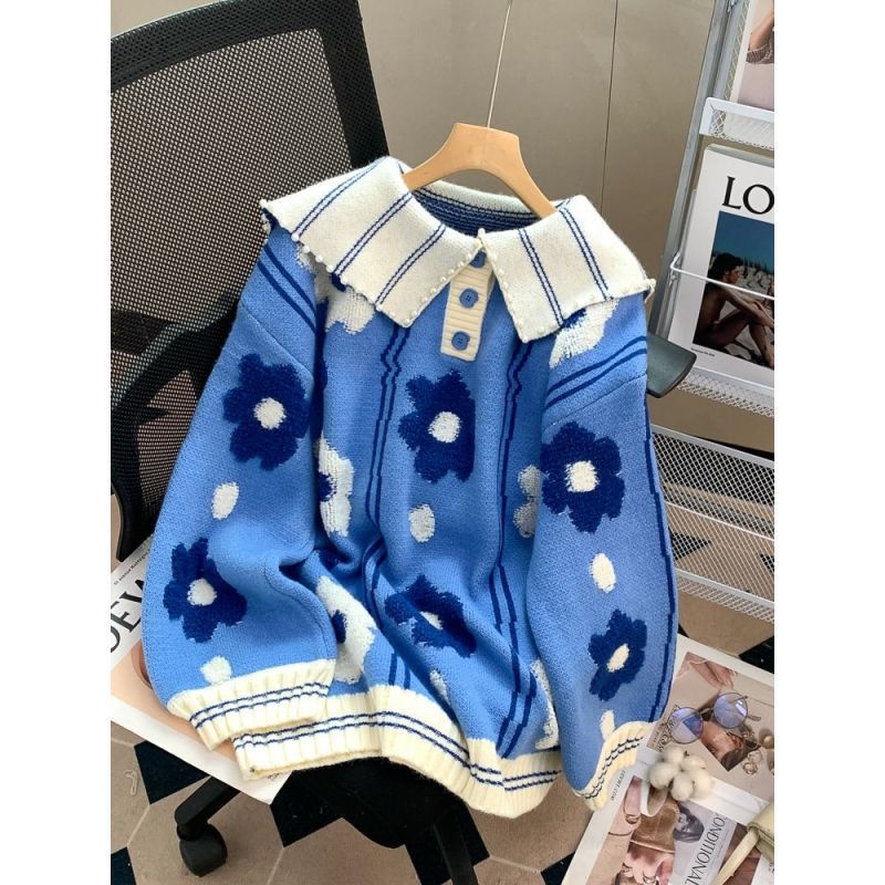 2024 autumn and winter new polo collar beaded sweater women autumn and winter towel embroidered knitted shirt