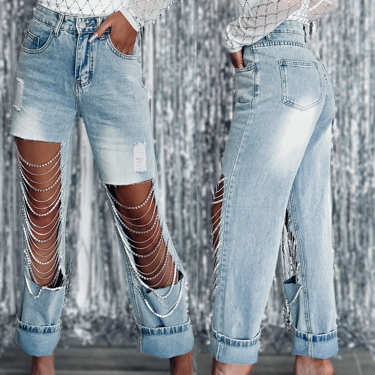 Early spring jeans with big holes for women, straight pants with chain ornaments