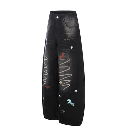 Unicorn Embroidery Wide Leg Denim Jeans High Waist Spiral Print Y2K Streetwear Casual Pants