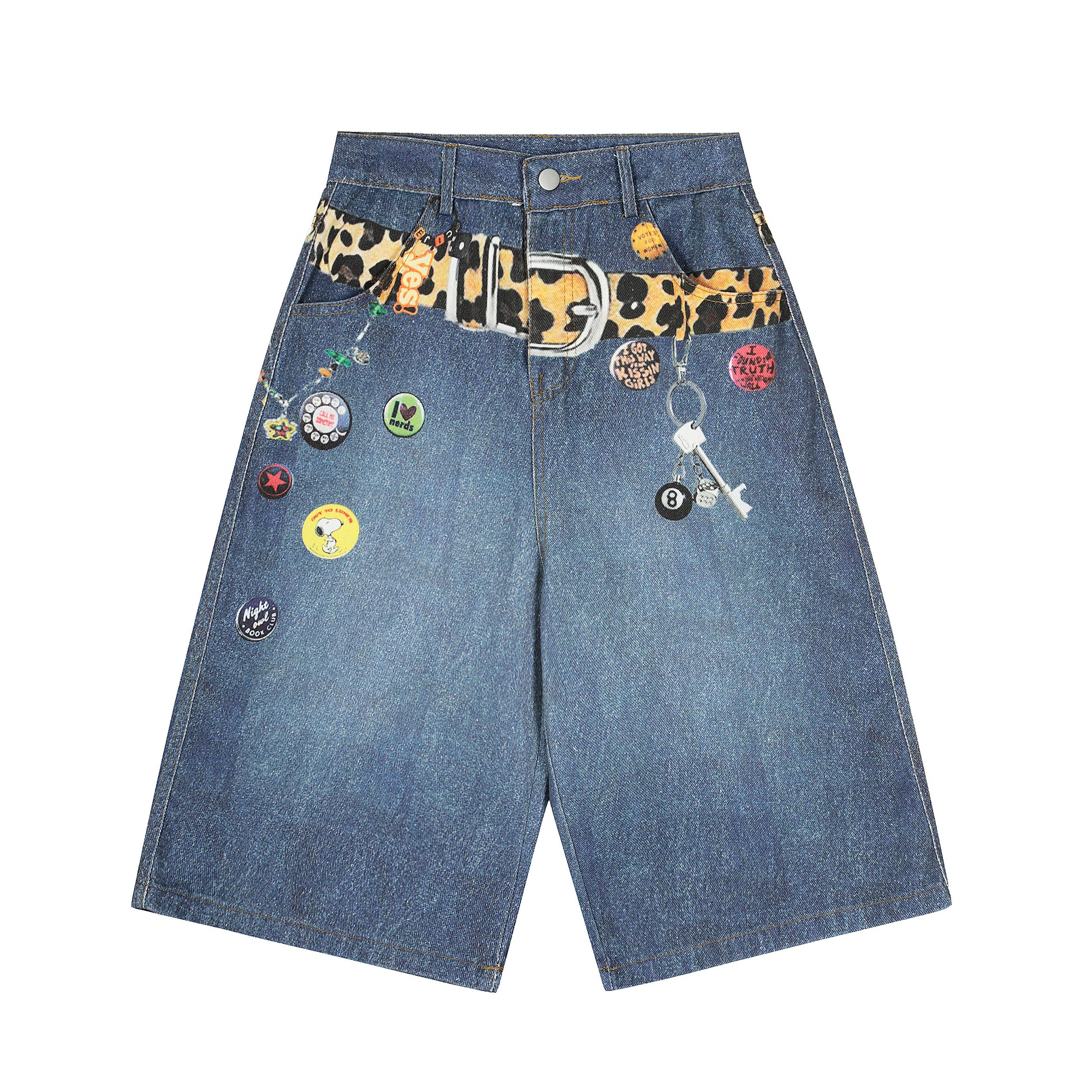 Women's RVNTENG Leopard Belt Multi-Badge Key Charm Wide Leg Denim Shorts - Blue Back View