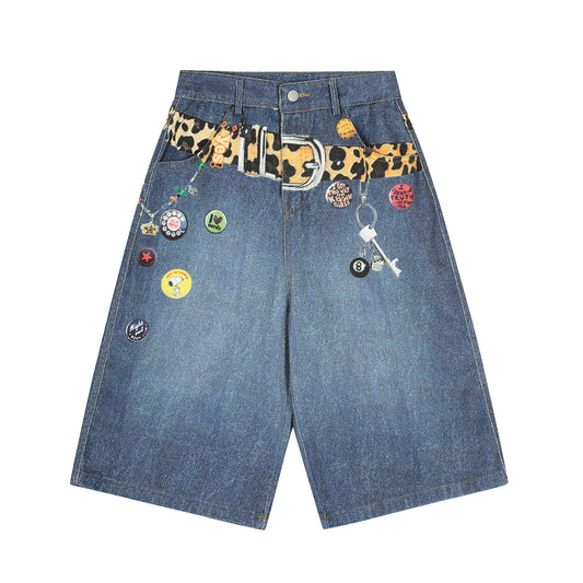 Women's RVNTENG Leopard Belt Multi-Badge Key Charm Wide Leg Denim Shorts - Blue Back View