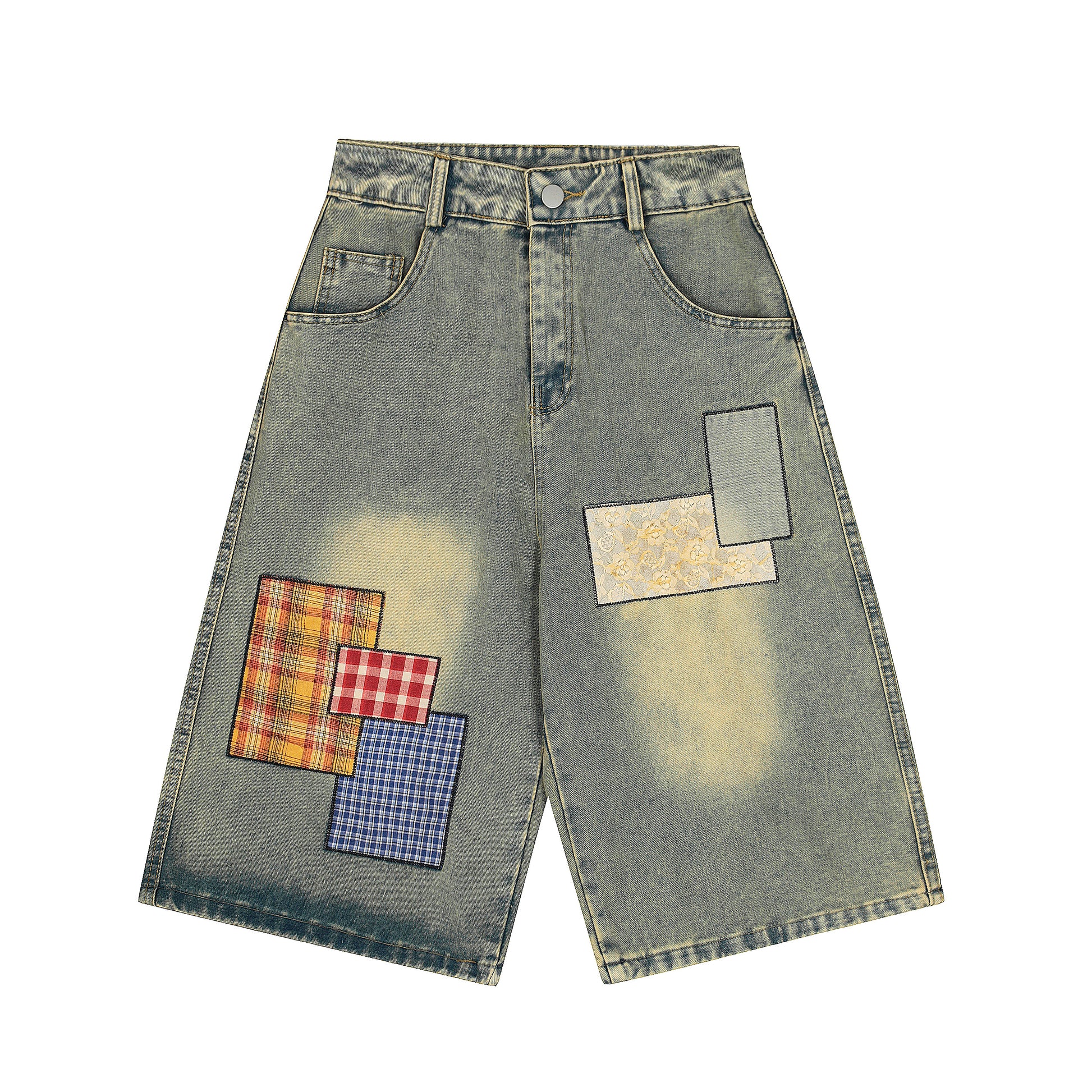 Women's Multicolor Plaid Patchwork Wide Leg Denim Shorts - Blue Front & Back View