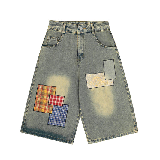 Women's Multicolor Plaid Patchwork Wide Leg Denim Shorts - Blue Front & Back View