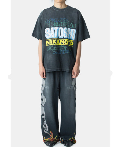Satoshi Nakamoto Stack Letter Logo Tee Washed Navy 300g Heavy Cracked Print Distressed Raw Hem Streetwear Short Sleeve | Stack Reality Tee