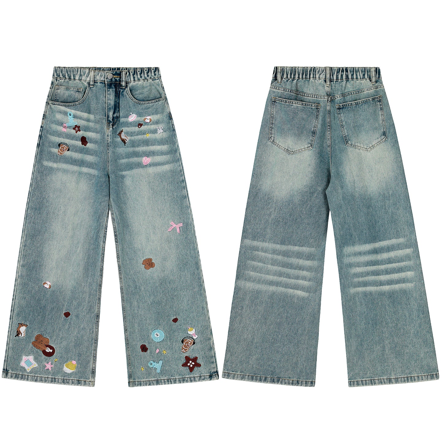 Cartoon Embroidery Wide Leg Jeans - Blue Back Detail