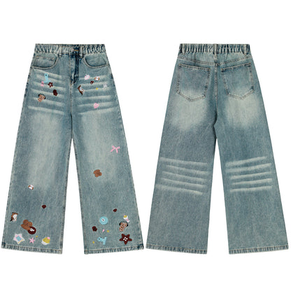 Cartoon Embroidery Scatter Patch Wide Leg Jeans Elastic Waist Washed Denim Bear Star Bow Y2K Harajuku