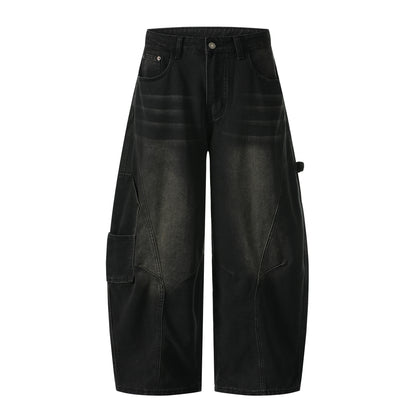GRAYSTAR Patch Embroidered Cargo Jeans Wide Leg High Waist Washed Black Diagonal Seam Streetwear Denim Trousers | Gray Star