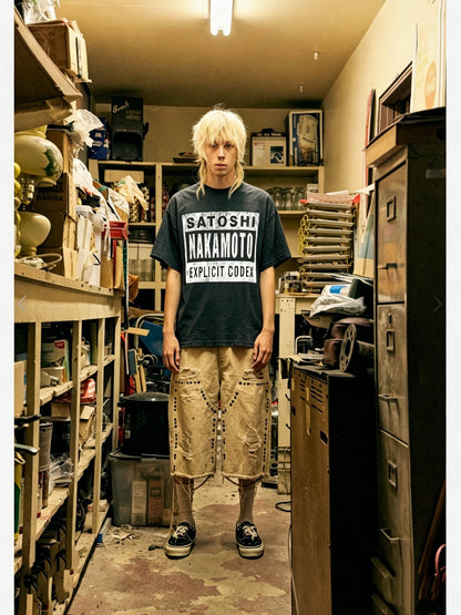 Satoshi Nakamoto Explicit Codex Tee Distressed Washed Heavyweight Cotton Destroyed Raw Edge Vintage Streetwear T-Shirt | Explicit Codex