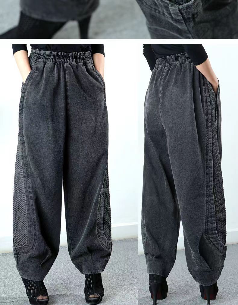 Baggy jeans för kvinnor, jeansbyxor med elastisk midja Pojkvän Joggers med dragsko