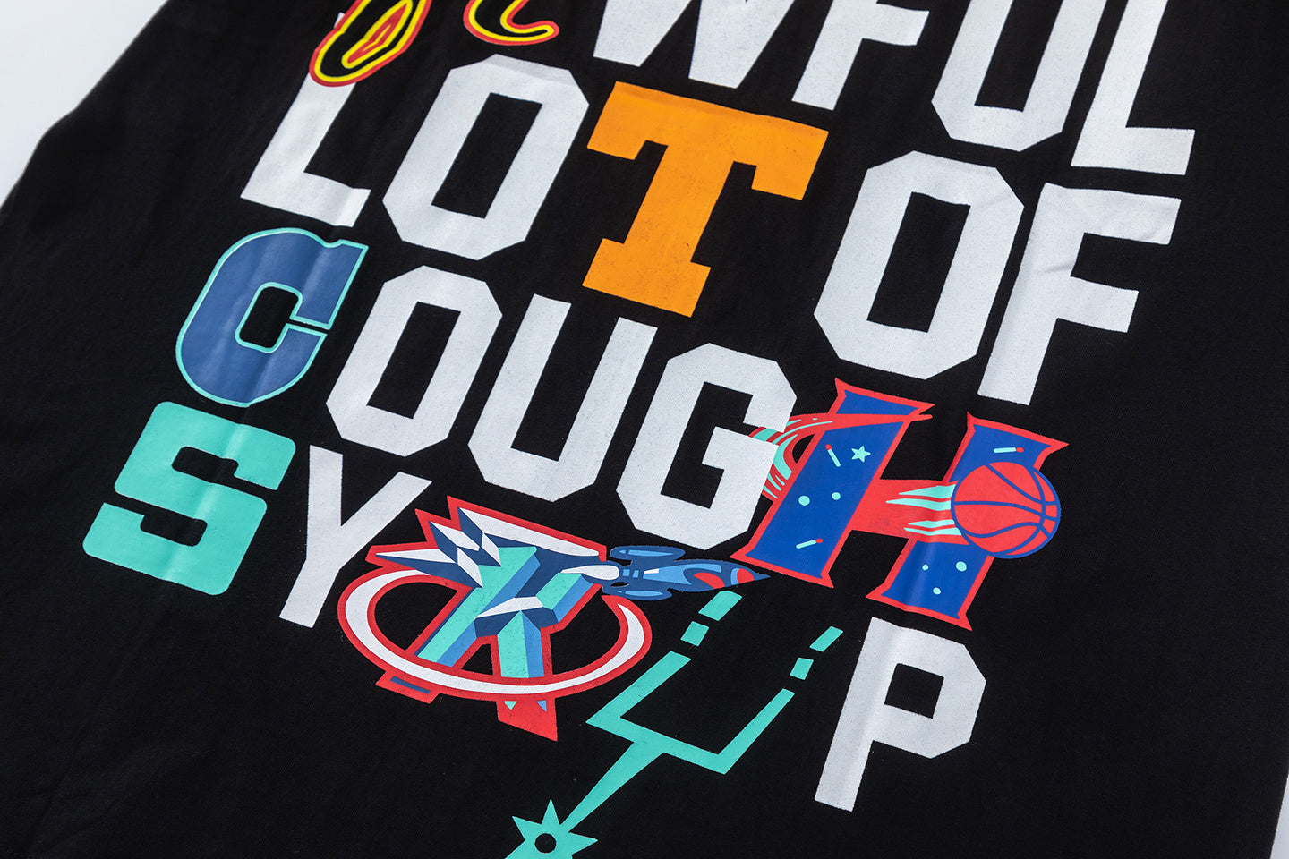 Black short sleeve graphic T-shirt with colorful basketball-inspired front and back print - view 2