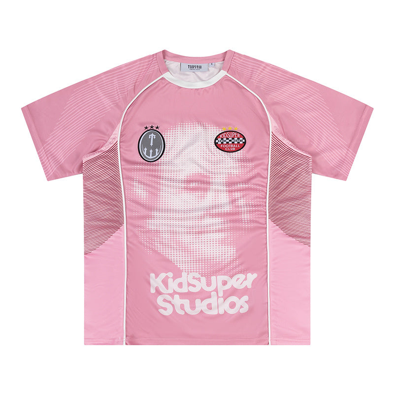 Turquoise Trapstar graphic football jersey with KidSuper Studios artwork and contrast striped panels - view 2