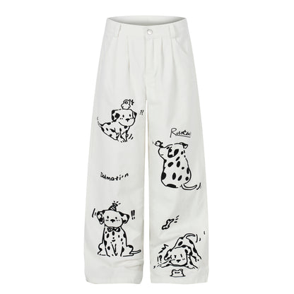 Women's Dalmatian Dog Print High Waist Wide Leg Pants Pleated Front Pocket Casual Streetwear Trousers