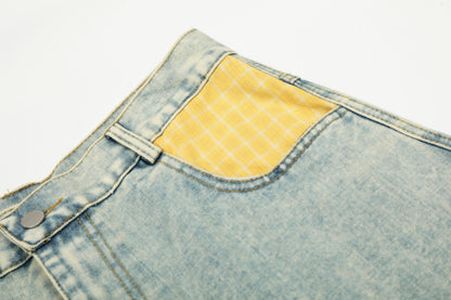 Yellow Plaid Patchwork Wide Leg Denim Jeans High Waist Washed Barrel Streetwear Y2K Casual Pants | Sunny Barrel