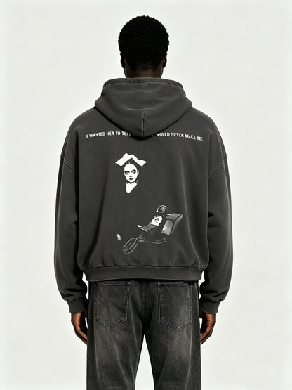 Enfants Riches Deprimes ERD x Nubian Tokyo Never Wake Zip Hoodie Washed Distressed Horror Nun Print Heavyweight Cotton Oversized Zip-Up Sweatshirt | Never Wake