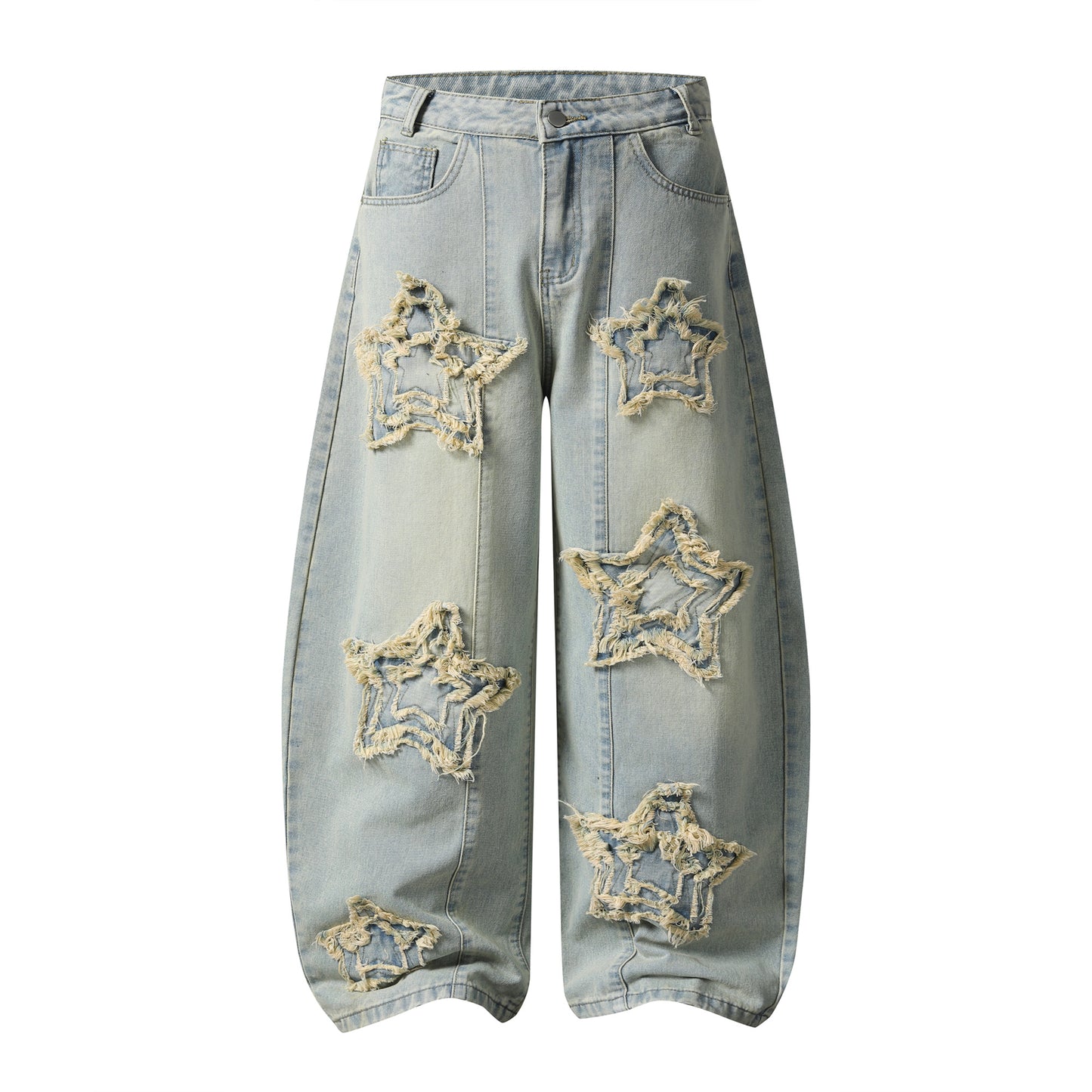 Frayed Star Patch Wide Leg Jeans Hollow Out Distressed Denim Pants High Waist Baggy Streetwear Barrel Leg Trousers | Fray Star