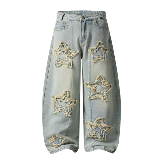 Frayed Star Patch Wide Leg Jeans Hollow Out Distressed Denim Pants High Waist Baggy Streetwear Barrel Leg Trousers | Fray Star